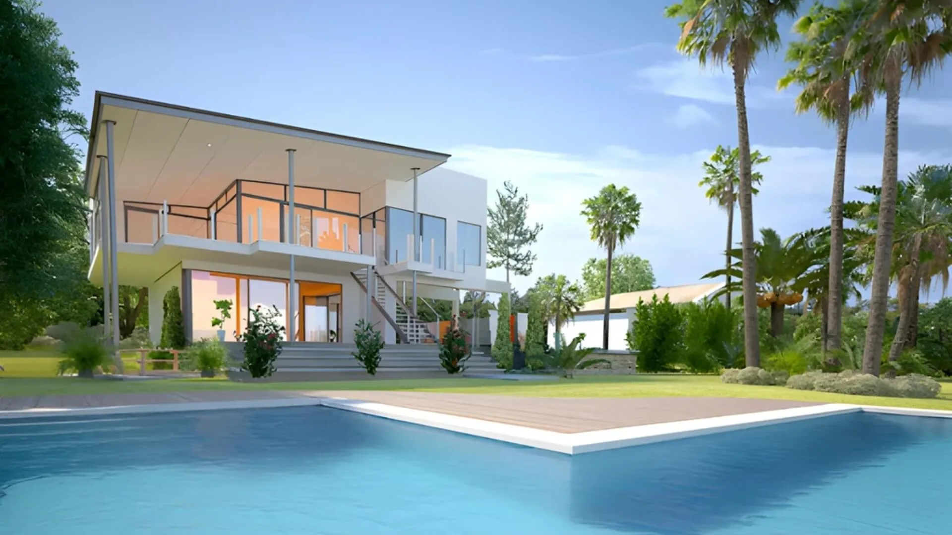 Luxury modern house with pool and tropical garden view