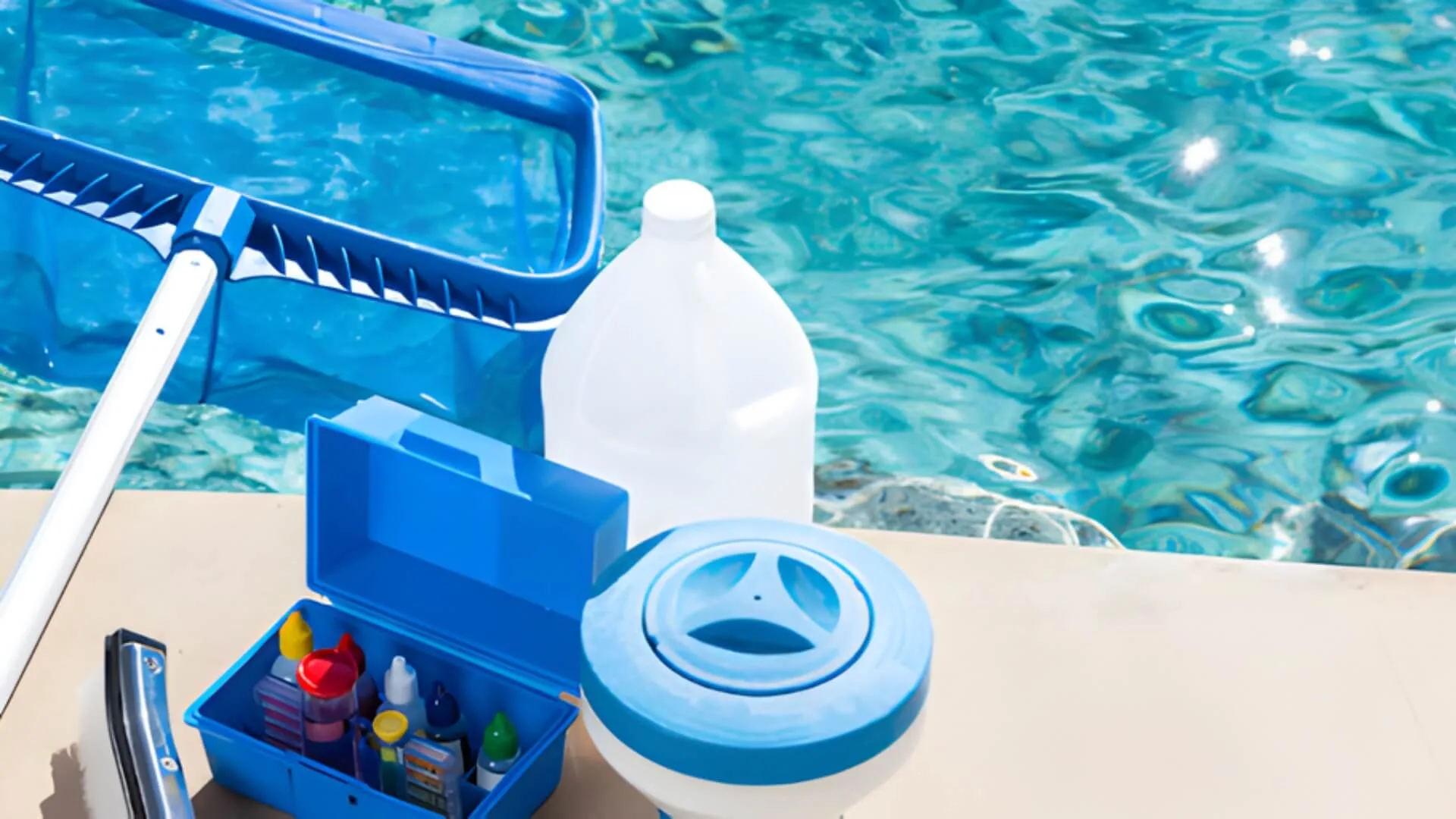 Pool cleaning tools and chemicals by sparkling water