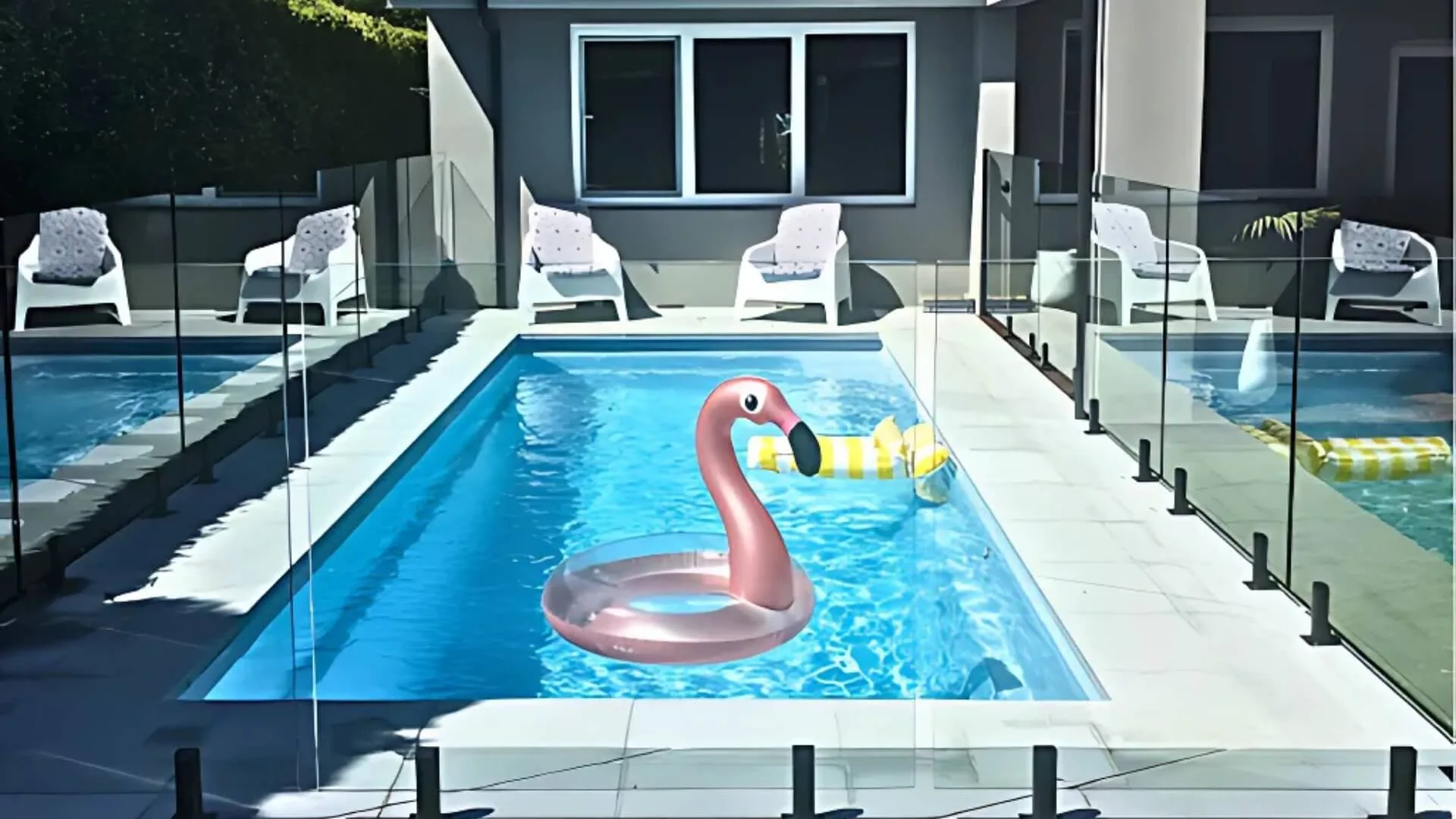 Modern backyard pool with glass fence and flamingo float