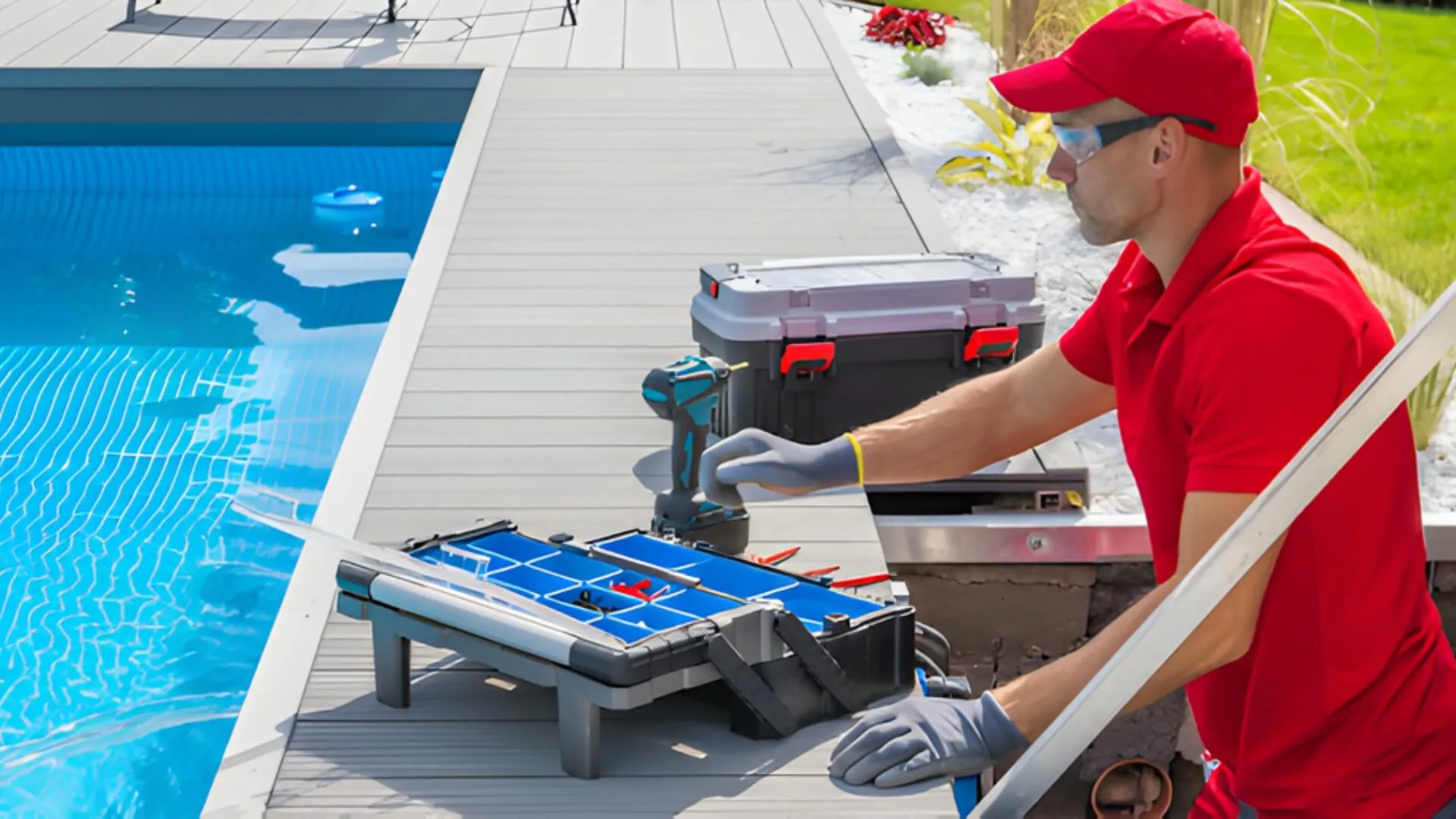 Technician repairing poolside equipment with tools nearby