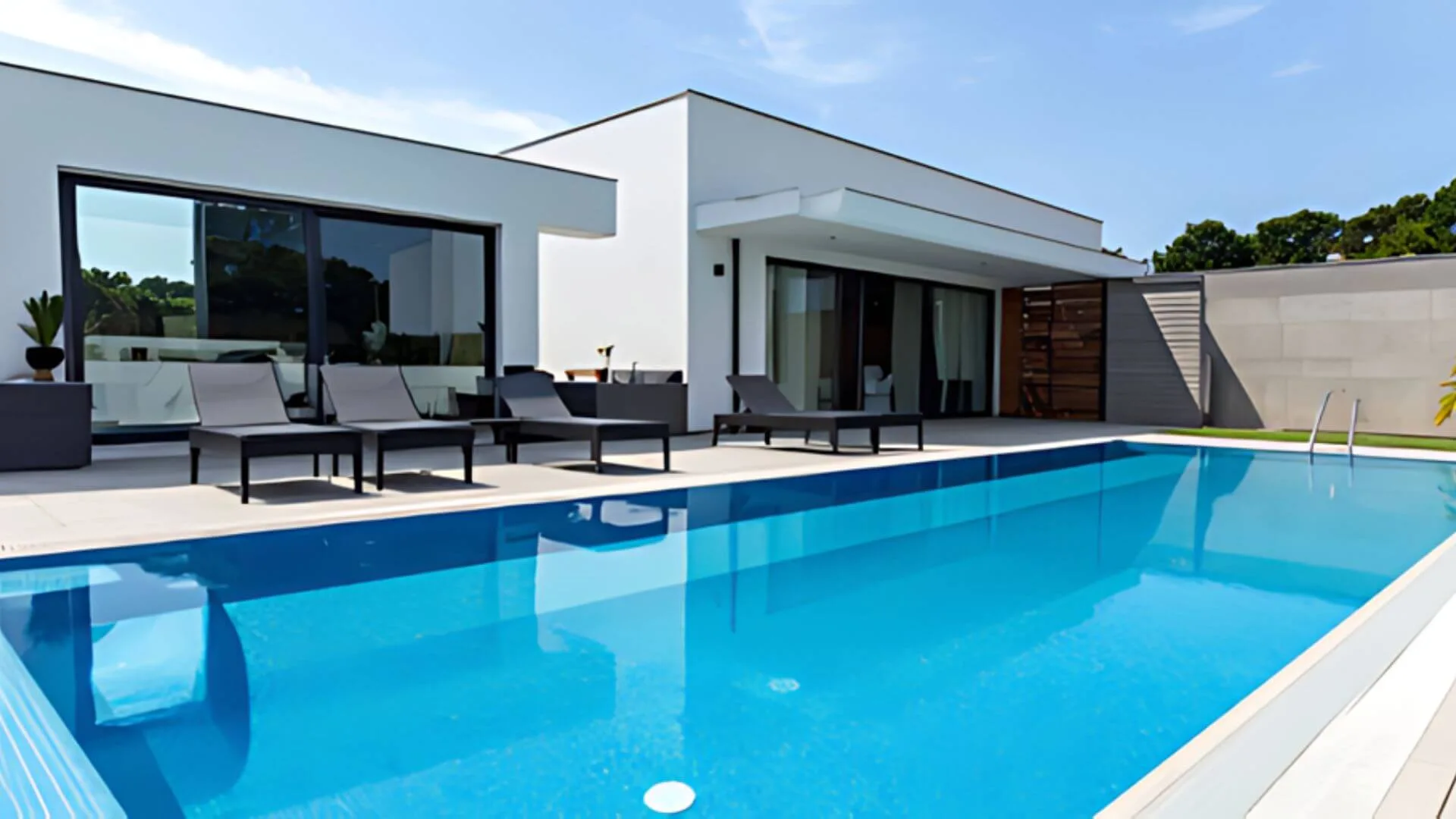 Luxury home with large pool and sun loungers on terrace